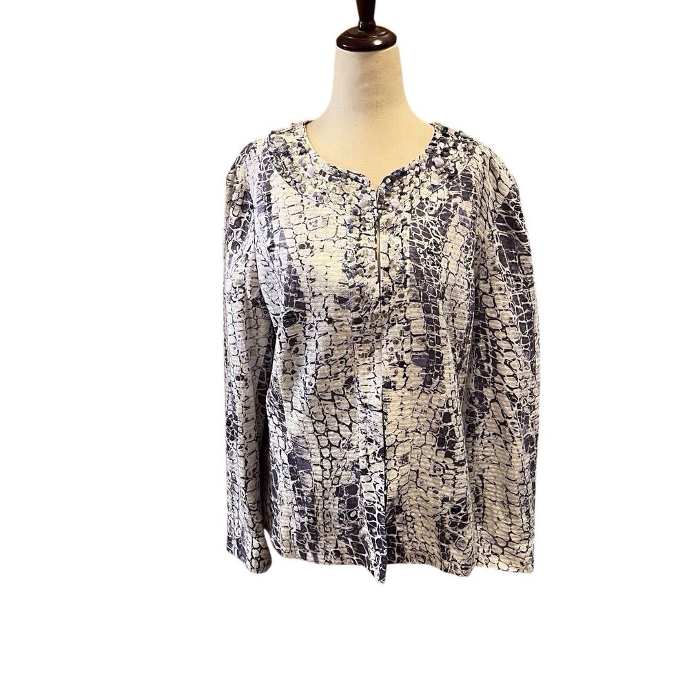 Chico's Size 2 Large  Purple White Embellished Sequin Open Front Blazer Jacket